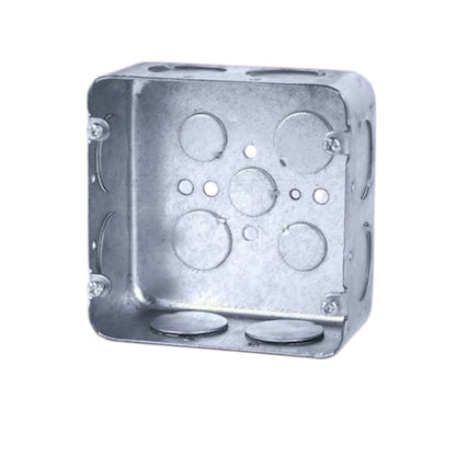 A square galvanized steel electrical junction box with pre-drilled screw terminals and circular mounting holes, shown on a plain white background.