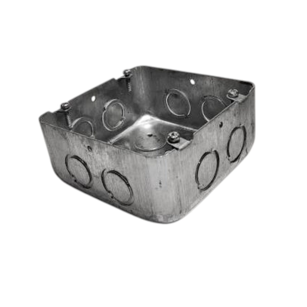 A square metal electrical junction box with pre-drilled circular conduit openings and mounting screws, shown on a plain white background.