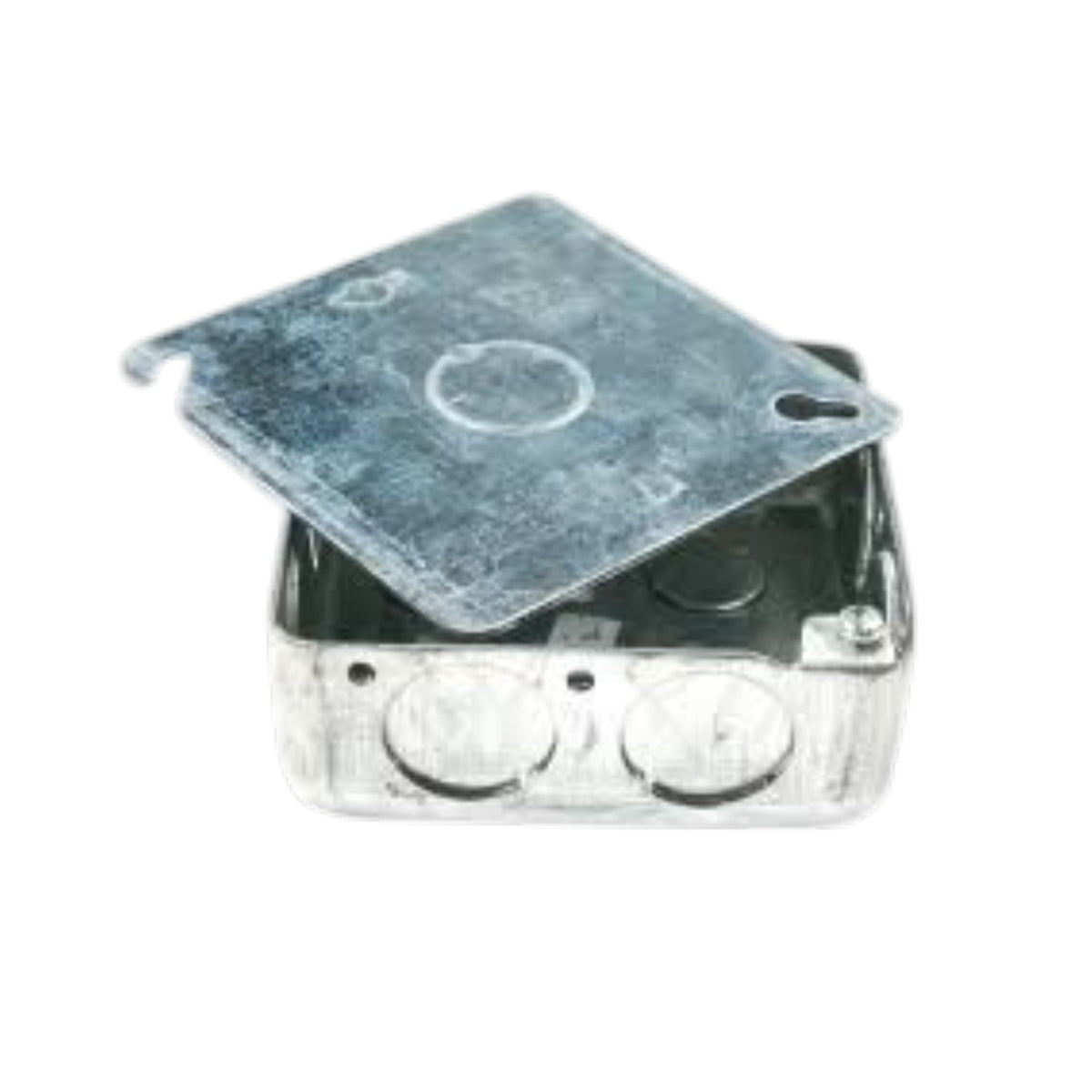 A galvanized metal electrical junction box with a hinged top cover, shown open against a plain white background.