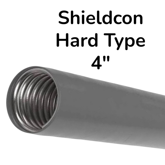 A close-up of a gray metal pipe fitting with a threaded interior, shown on a white background with the text 'Shieldcon Hard Type 4"' above it.