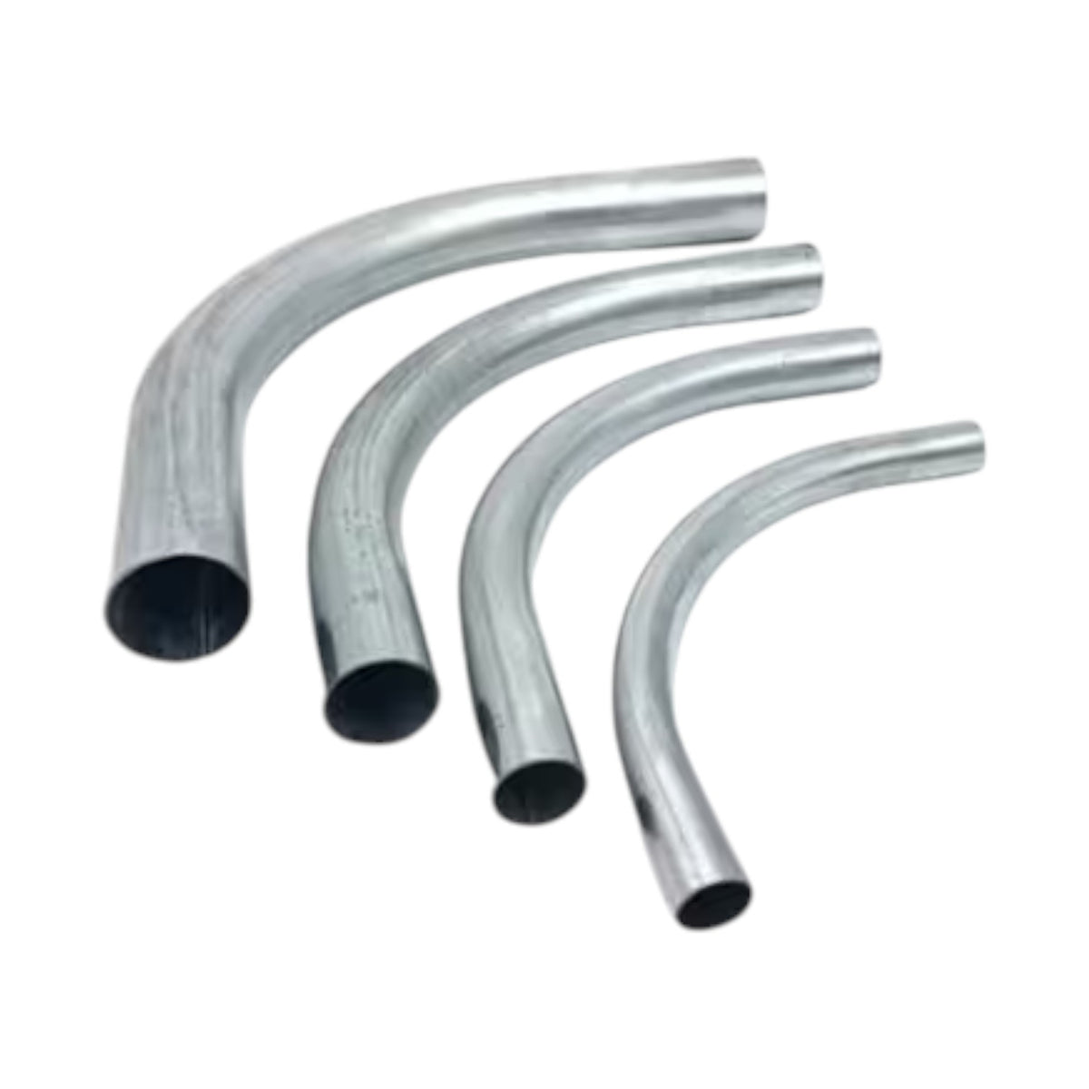 Four curved metal pipes in different sizes, arranged diagonally on a plain white background.