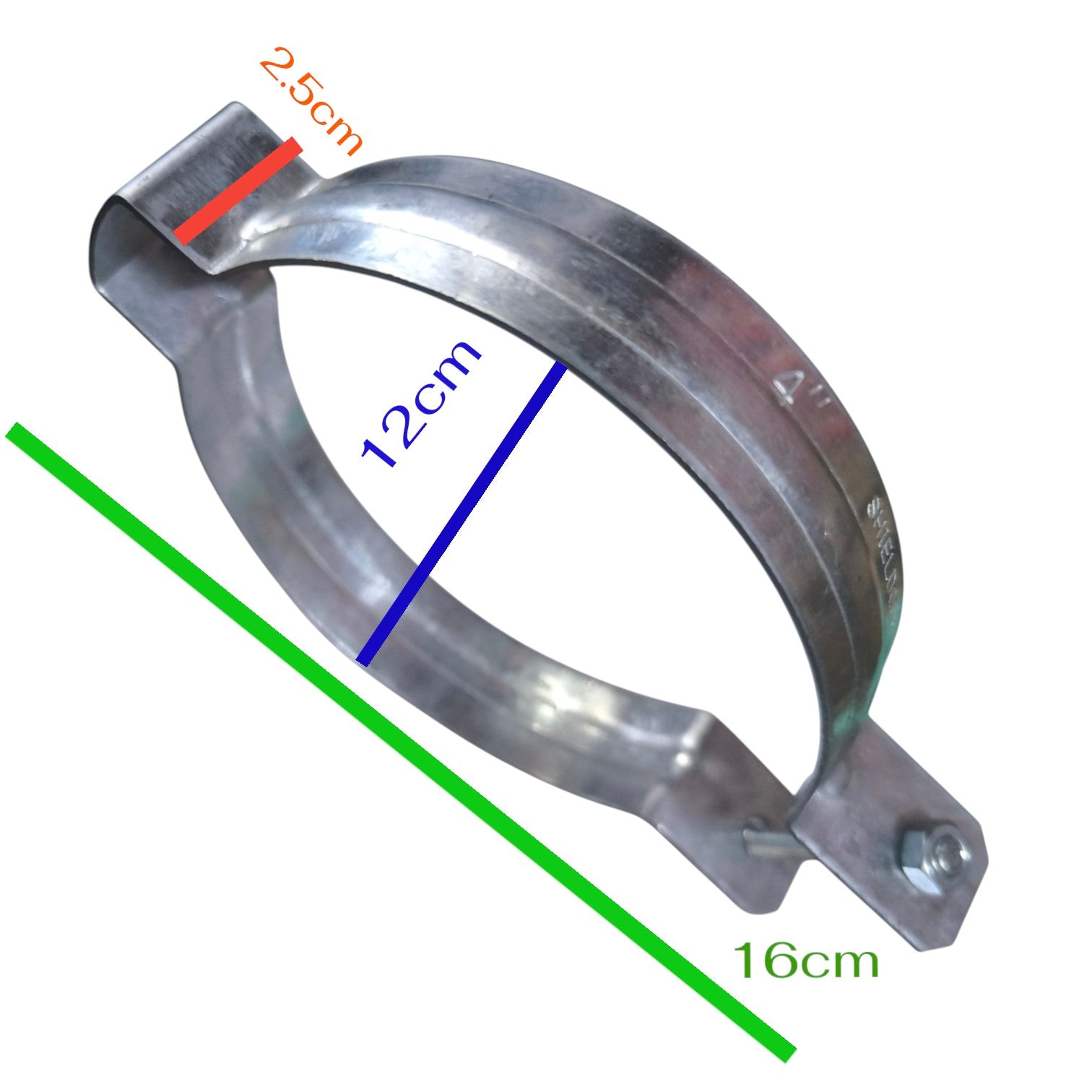 A metal clamp hose fitting shown on a white background with overlaid dimension labels: 12 cm across the opening, 16 cm length, 2.5 cm thickness, and a green diagonal measurement line.