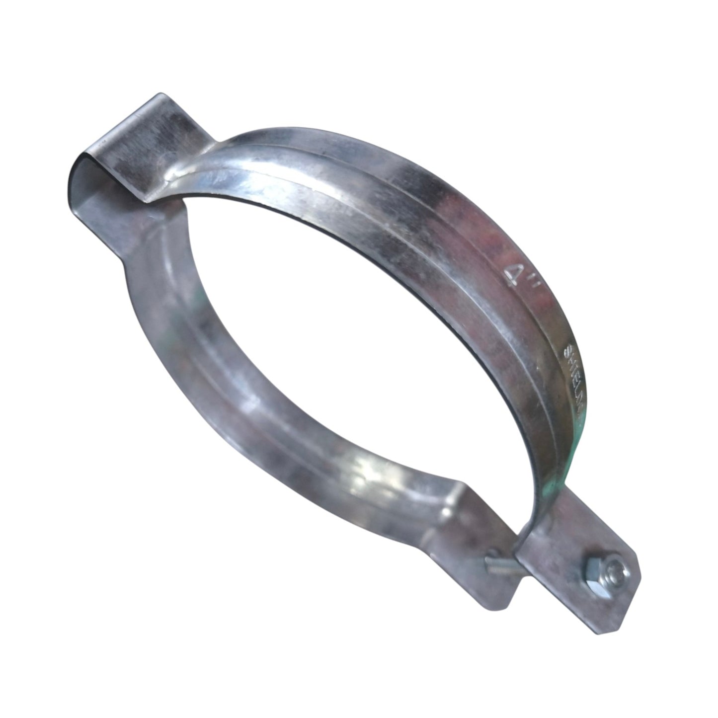 A galvanized steel pipe clamp with a hex bolt and washer, shown on a plain white background.