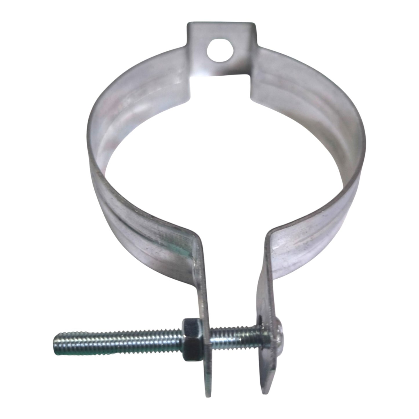 A galvanized steel U-bend clamp with a mounting bracket and a threaded bolt, shown on a plain white background.