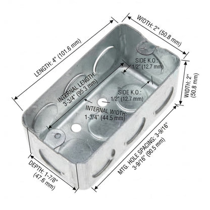 A metal electrical junction box shown on a white background with dimension callouts and labels for length, width, depth, internal length, internal width, side K.O.