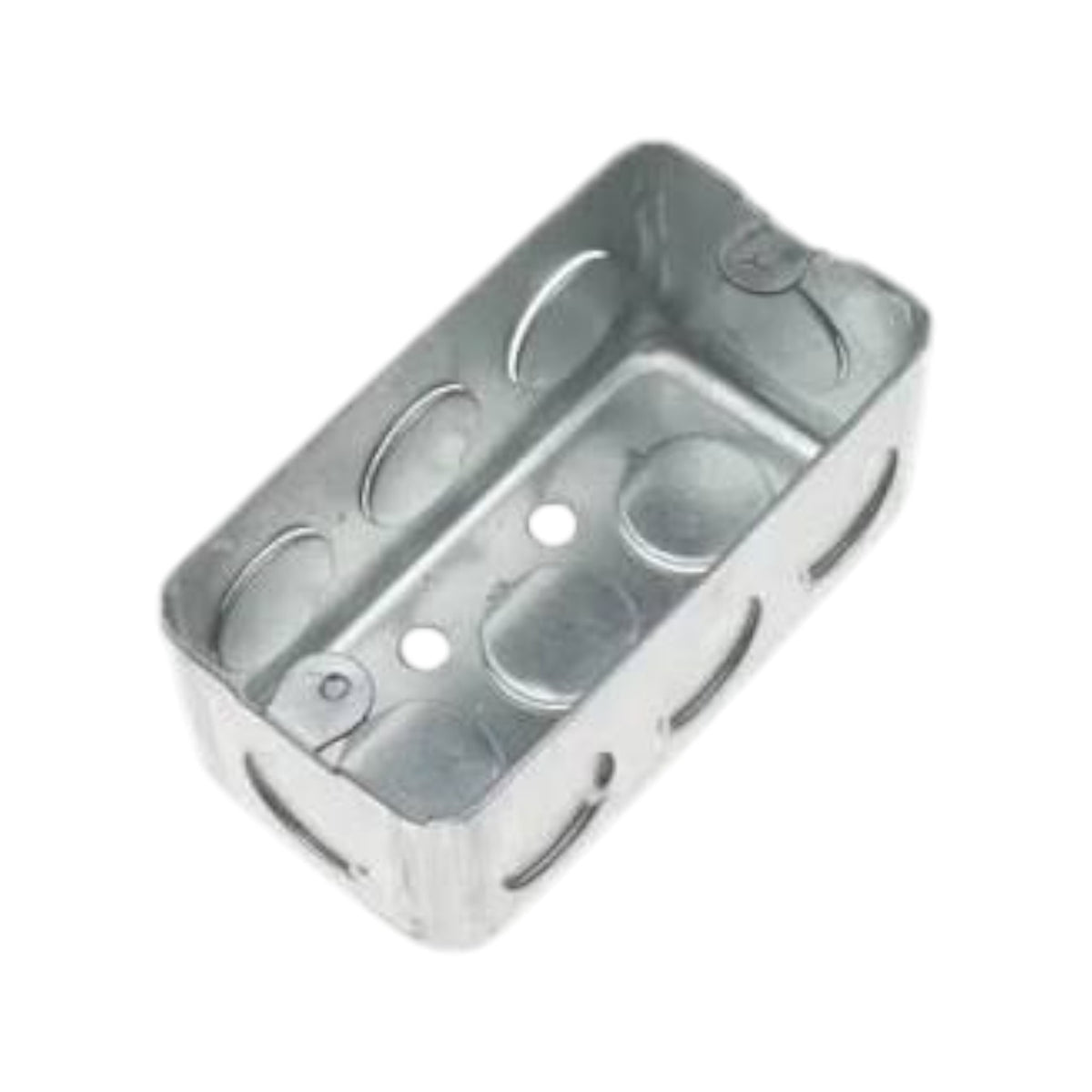 A rectangular metal electrical junction box with pre-drilled screw terminals and grounding holes, shown on a plain white background.