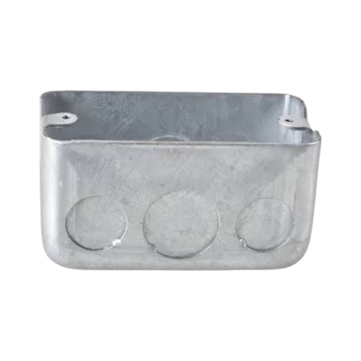Galvanized metal electrical junction box with three circular conduit openings on the front, isolated on a white background.