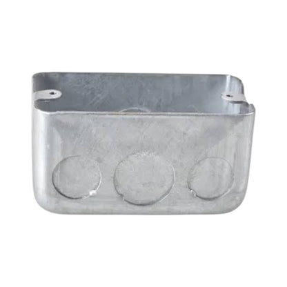 Galvanized metal electrical junction box with three circular conduit openings on the front, isolated on a white background.