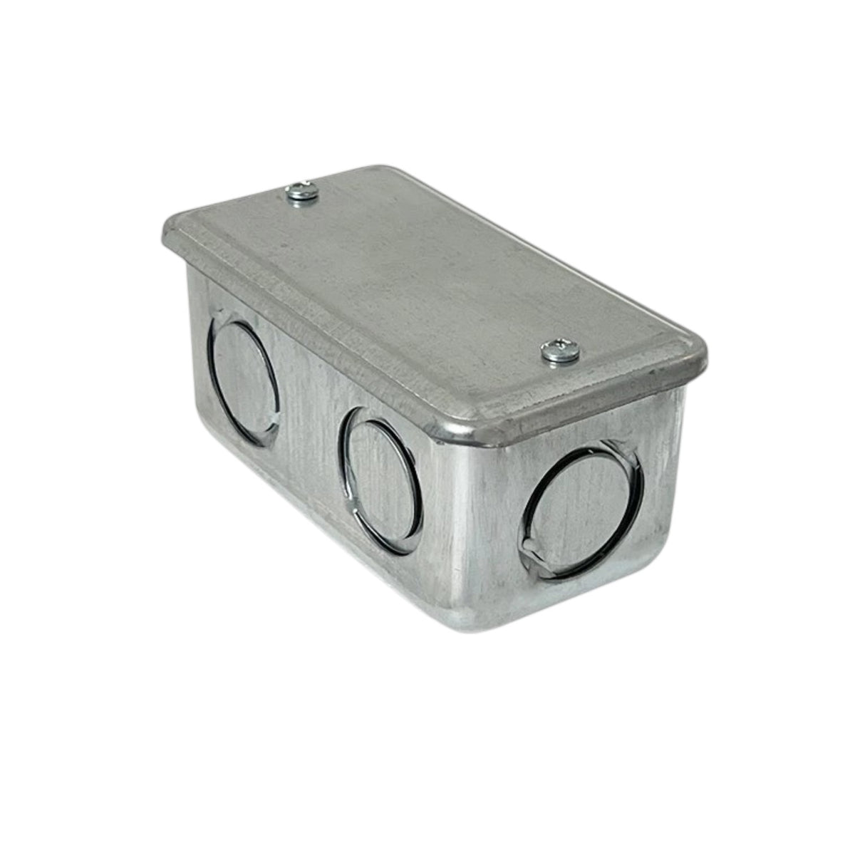 A rectangular metal electrical junction box with a screw-top lid and three circular entry ports on the side, shown on a plain white background.