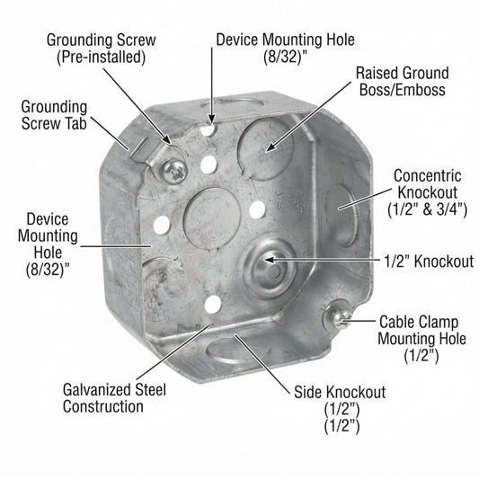 A labeled technical diagram of a galvanized steel electrical junction box on a white background, with callouts pointing to mounting holes, knockouts, grounding screw, and cable clamp.