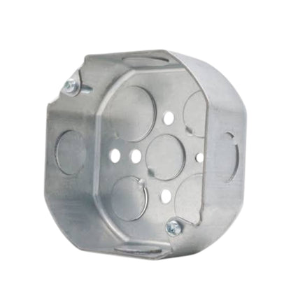 A galvanized steel electrical junction box with pre-drilled screw holes and circular mounting slots, shown on a plain white background.