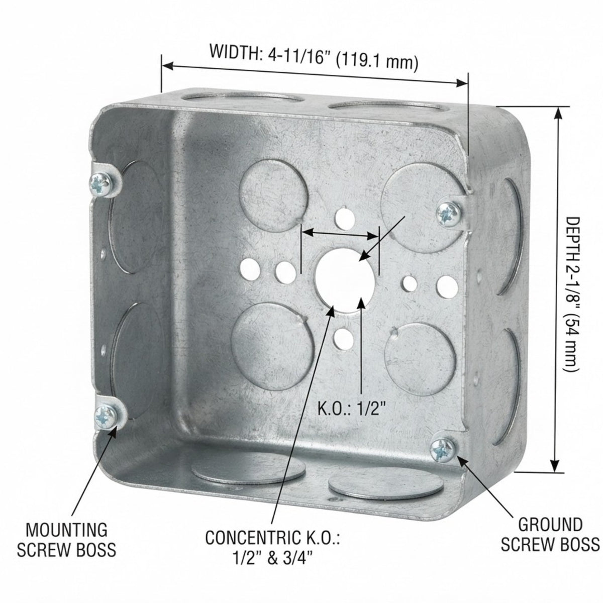 Galvanized metal electrical junction box with dimension annotations showing width, depth, and labeled screw bosses and concentric K.O.
