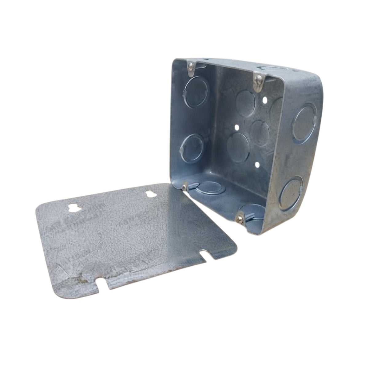 Galvanized steel electrical junction box with a hinged metal cover, shown open on a plain white background.