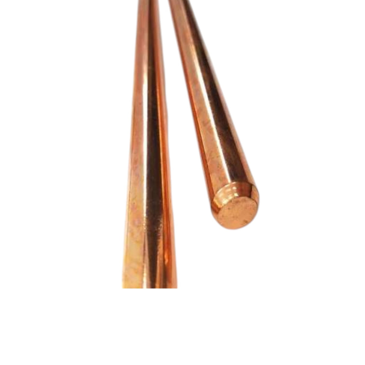 Two polished copper rods shown against a plain white background, one standing vertically and the other lying diagonally with its rounded end visible.