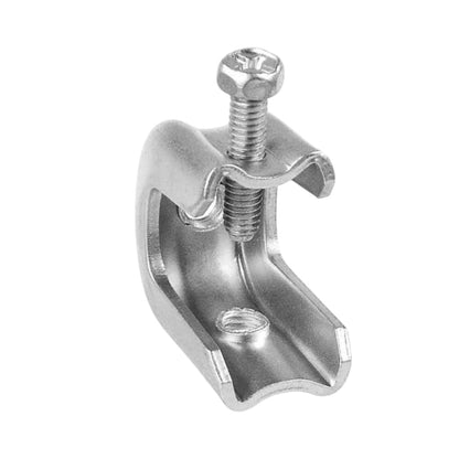 A silver metal cable gland clamp with a wing nut and threaded screw, isolated on a white background.