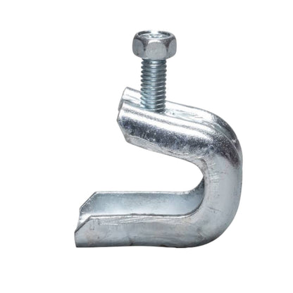 A galvanized metal U-bolt clamp with a hex bolt and nut, shown on a plain white background.