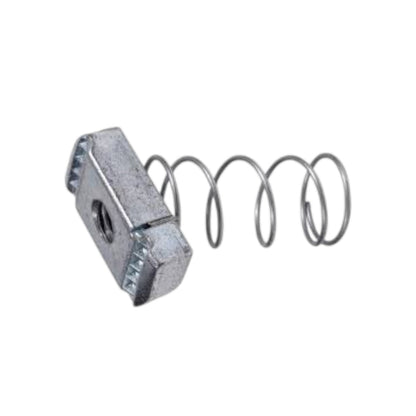 A galvanized metal compression spring with a hexagonal threaded end, isolated on a white background.