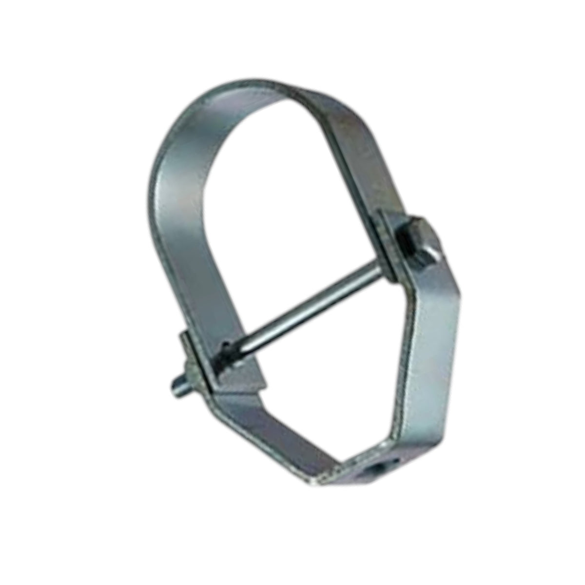 A galvanized steel U-bend clamp with a tensioning bolt and lock nut, isolated on a white background.