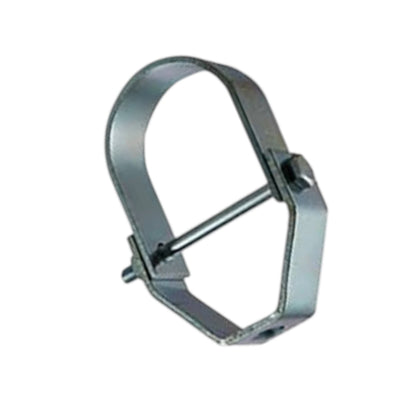 A galvanized steel U-bend clamp with a tensioning bolt and lock nut, isolated on a white background.