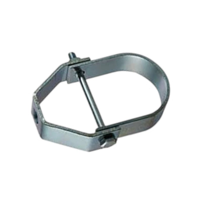 A galvanized steel hexagonal pipe clamp with a central bolt and nut, isolated on a white background.