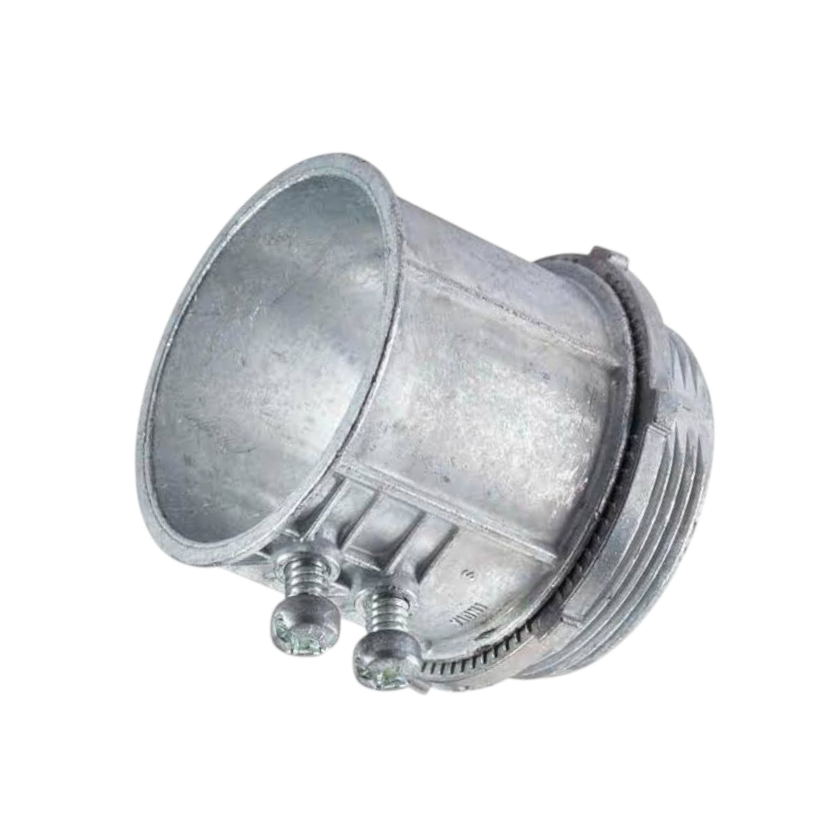 Galvanized metal pipe coupler with threaded ends and two mounting screws, shown on a plain white background.
