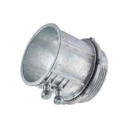 Galvanized metal pipe coupler with threaded ends and two mounting screws, shown on a plain white background.