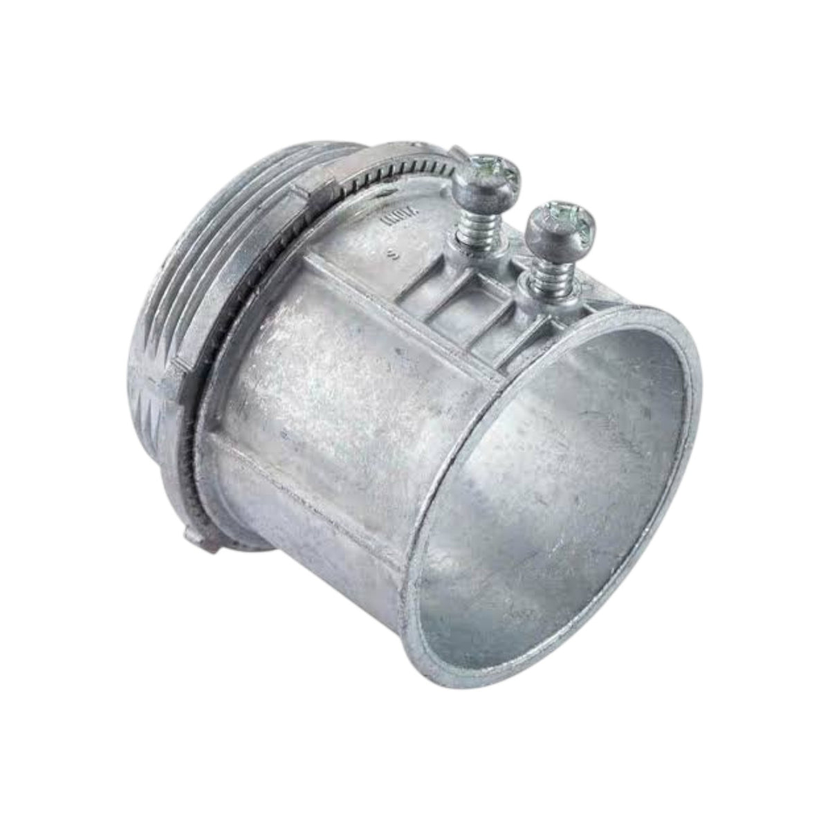 Galvanized metal pipe coupler with two mounting screws, shown on a plain white background.
