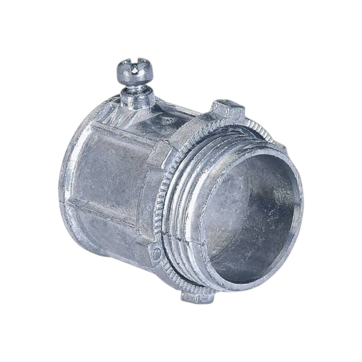Galvanized metal pipe coupler fitting with a threaded connection and a small top-mounted screw, shown on a plain white background.