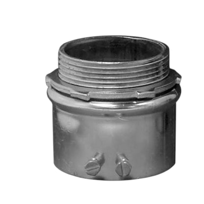 A metallic cylindrical threaded fitting with two small protruding tabs on the front, shown on a plain white background.