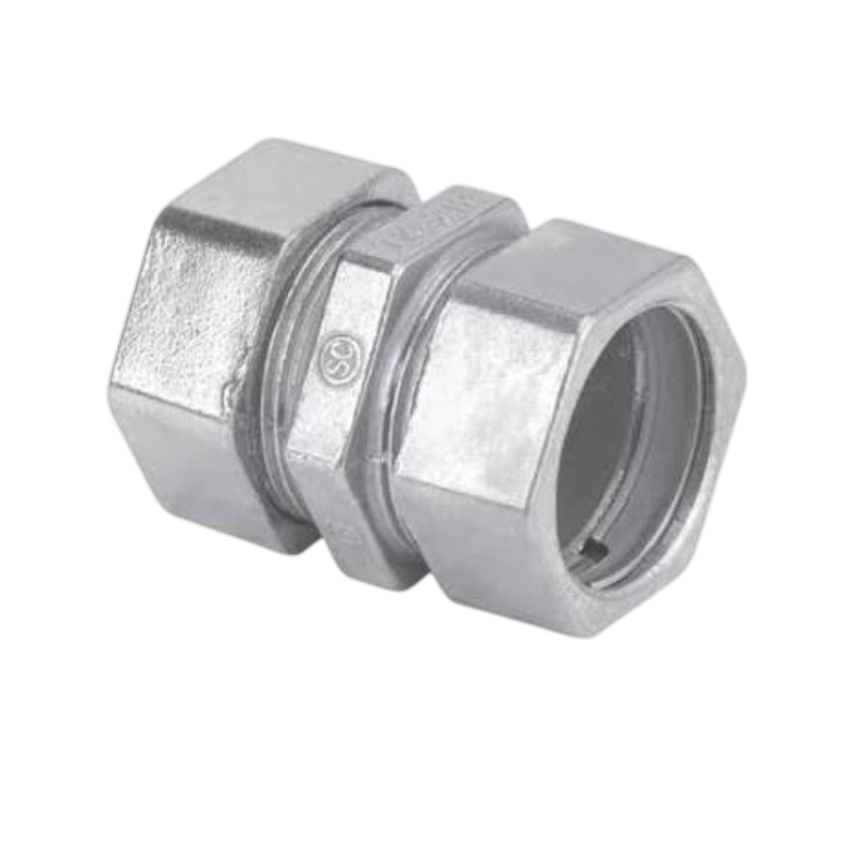 A galvanized metal hexagonal cable gland connector on a plain white background.