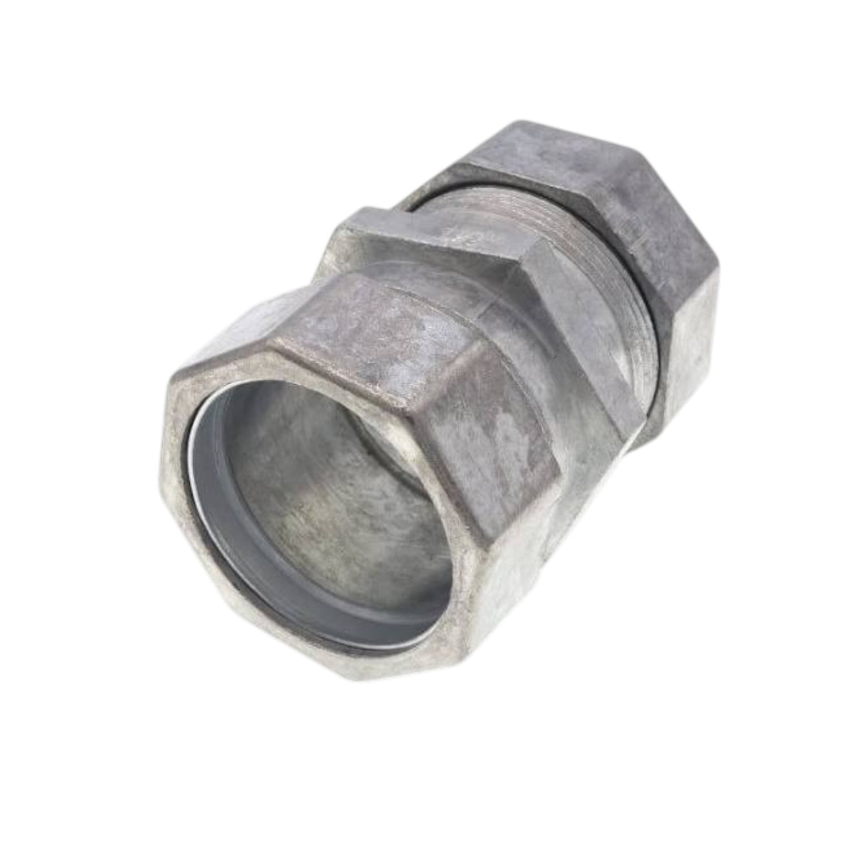 A metal hexagonal connector fitting with a threaded cylindrical opening, shown on a plain white background.