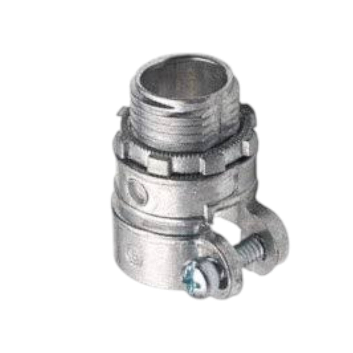 A silver metal hose connector fitting with a threaded male end and a clamp-style hose attachment, isolated on a white background.
