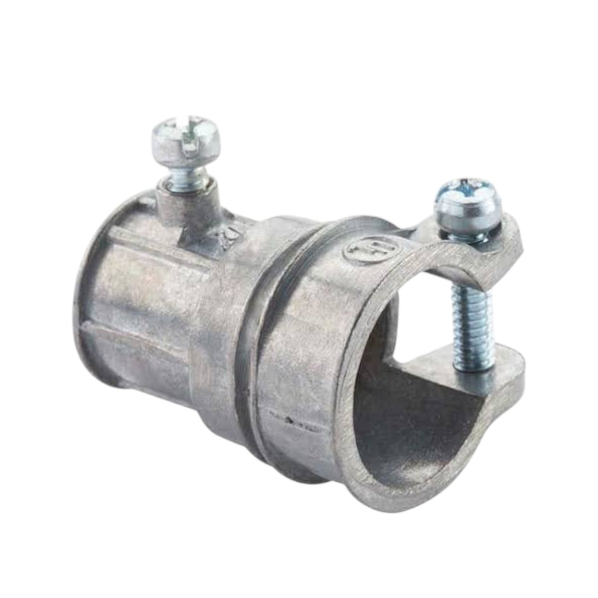 Galvanized metal pipe coupler with two adjustable wing nuts and threaded adjustment screws, shown on a plain white background.