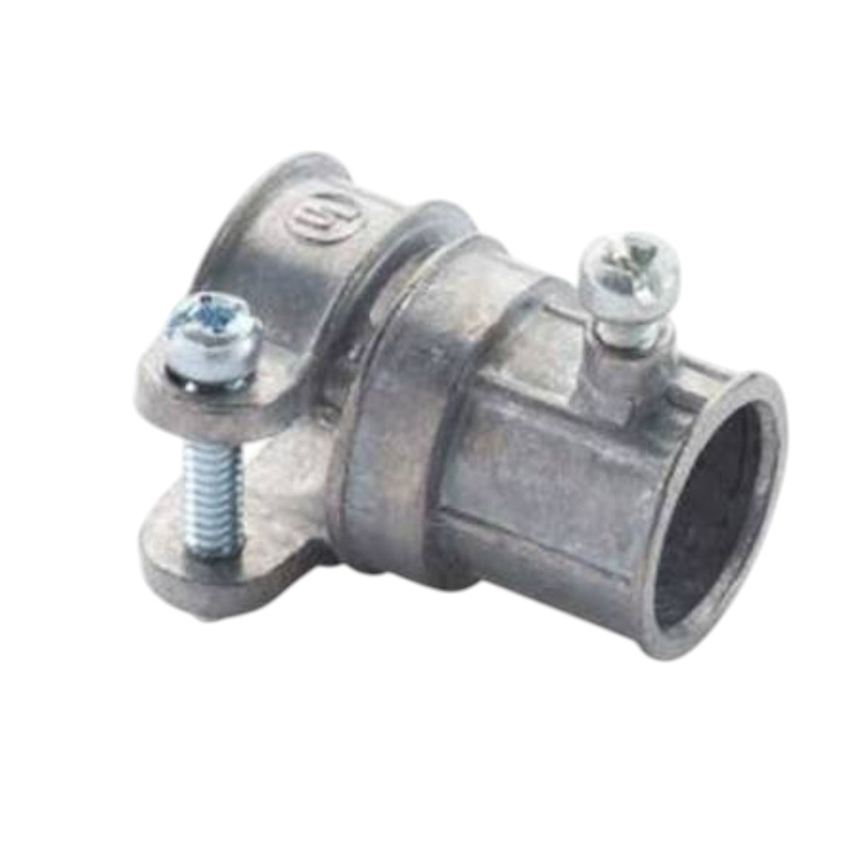 A galvanized metal pipe coupler with a clamp-style flange and two visible silver screws, shown on a plain white background.