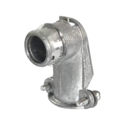 Galvanized metal elbow pipe fitting with a threaded connection on one end and a clamp assembly on the other, shown on a plain white background.