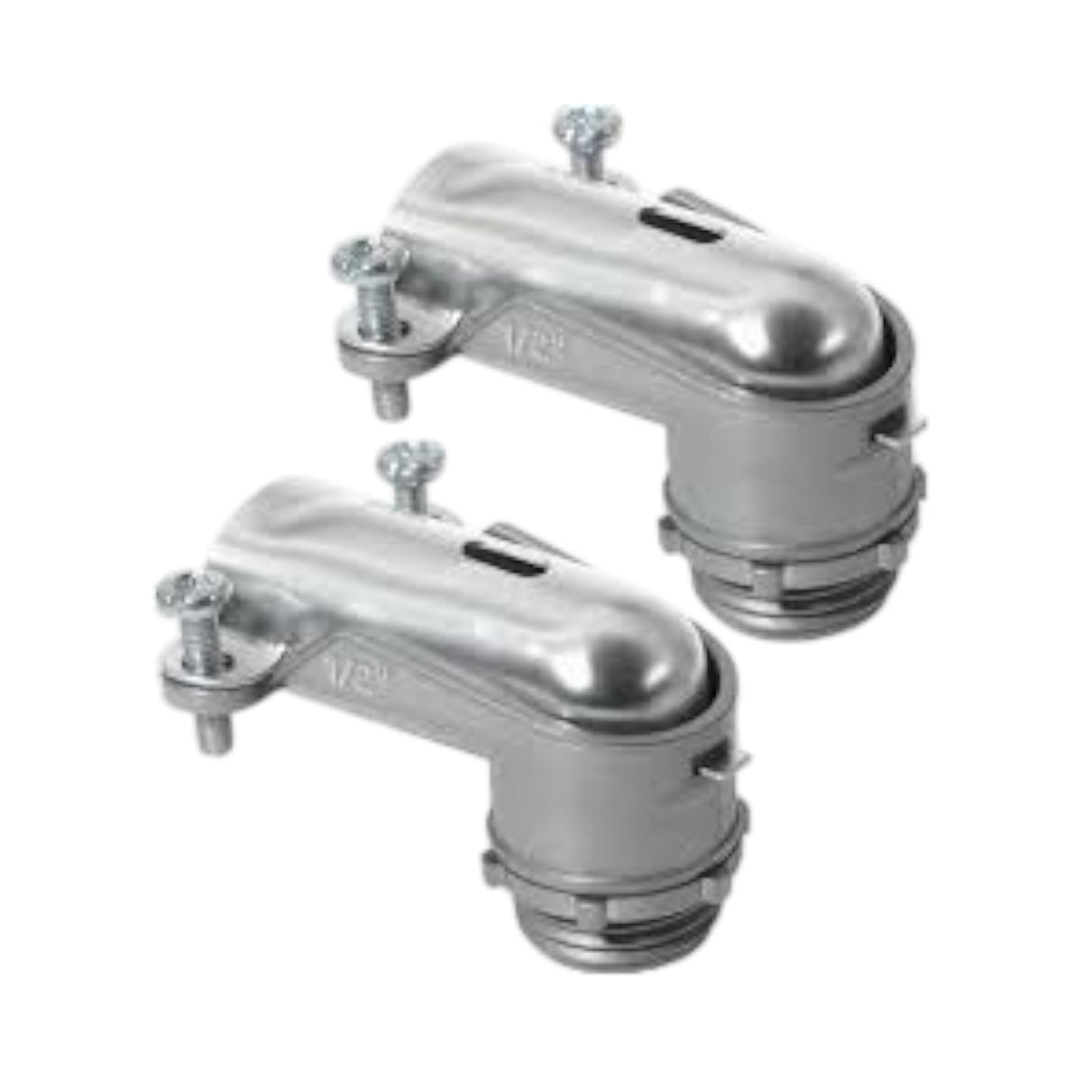 Two silver metal faucet compression adapters with threaded ends and mounting screws, shown on a plain white background.