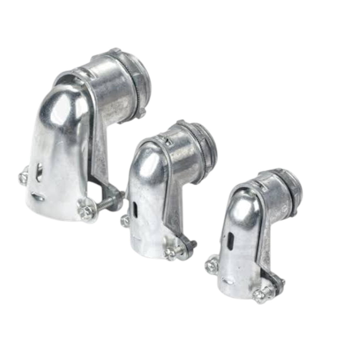 Three galvanized metal elbow pipe couplers in different sizes, arranged diagonally on a plain white background.