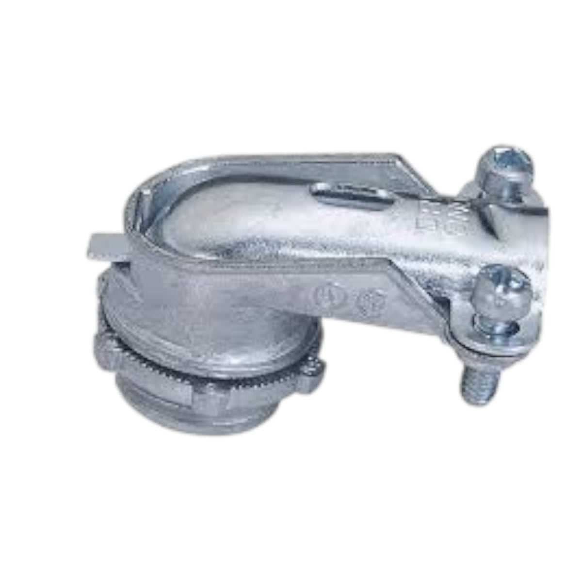 Galvanized metal pipe coupler with threaded ends and a bolted clamp assembly, shown on a plain white background.