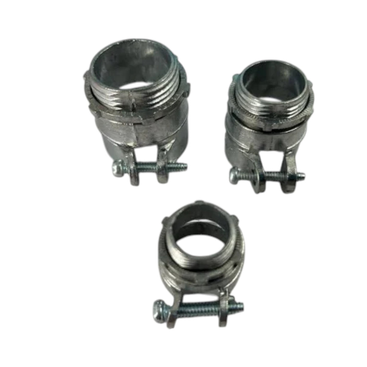 Three metal pipe couplers with threaded ends and adjustable clamping screws, shown on a plain white background.
