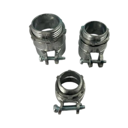 Three metal pipe couplers with threaded ends and adjustable clamping screws, shown on a plain white background.