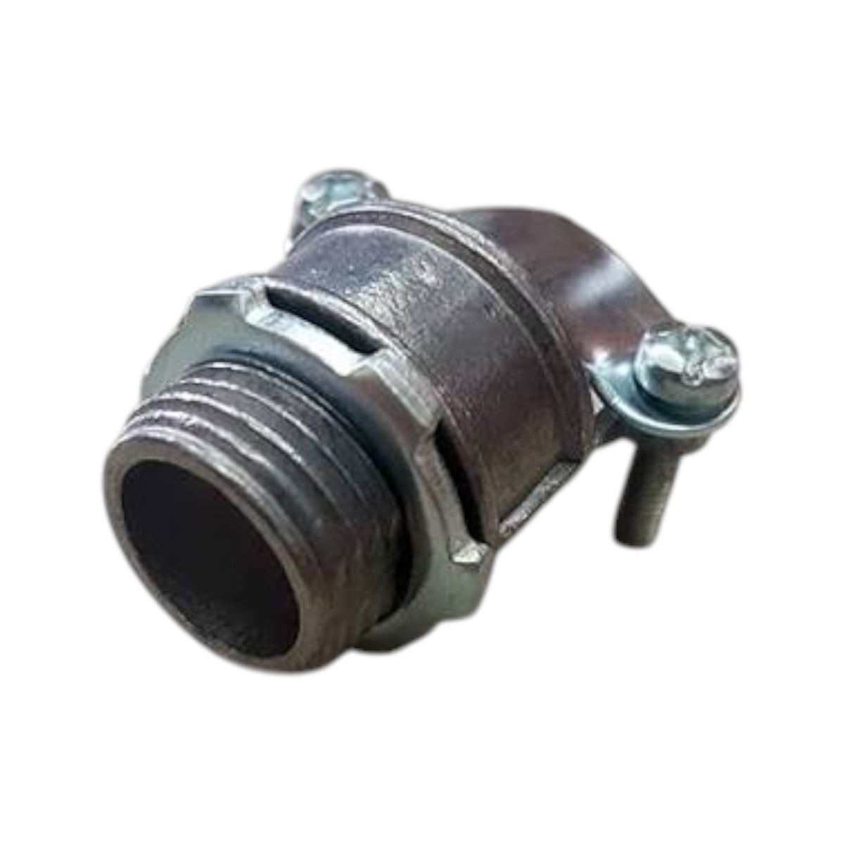 A metal hose connector fitting with a threaded male end and a clamp closure secured by two silver screws, isolated on a white background.