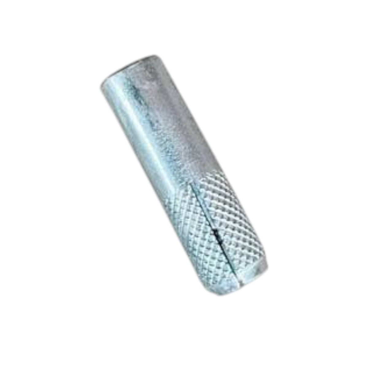 A galvanized metal expansion anchor with a textured, diamond-patterned grip on its outer surface, shown on a plain white background.