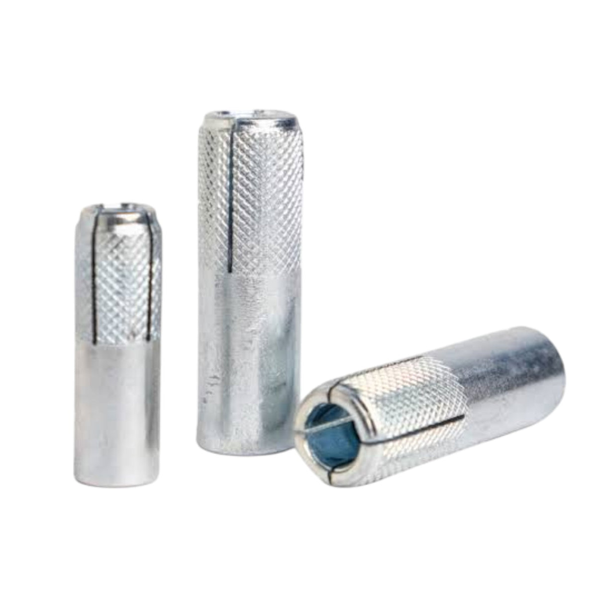 Three silver metal anchor bolts with knurled textured sides and smooth ends, shown on a plain white background.