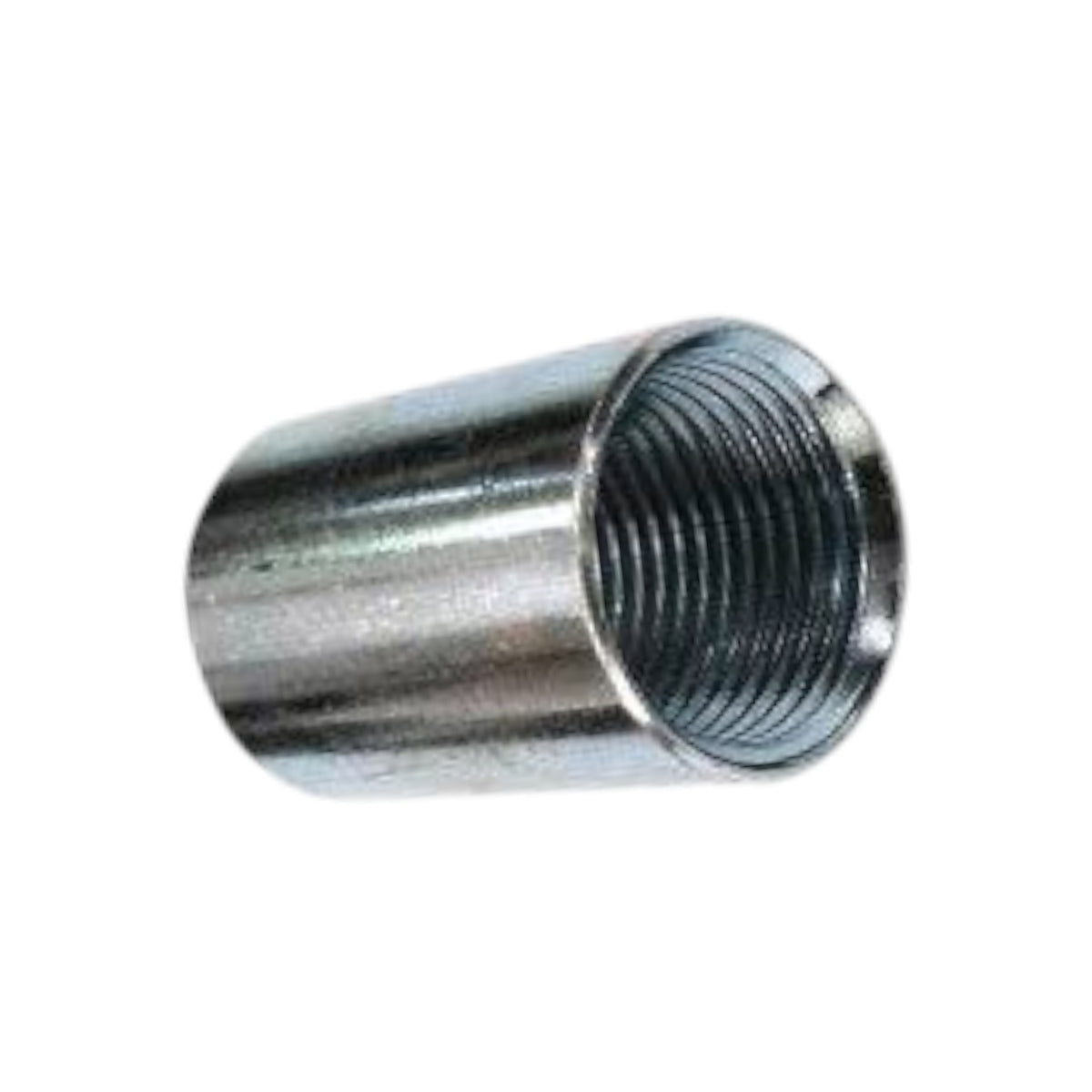 A metal threaded connector fitting with a hollow cylindrical body, isolated on a plain white background.