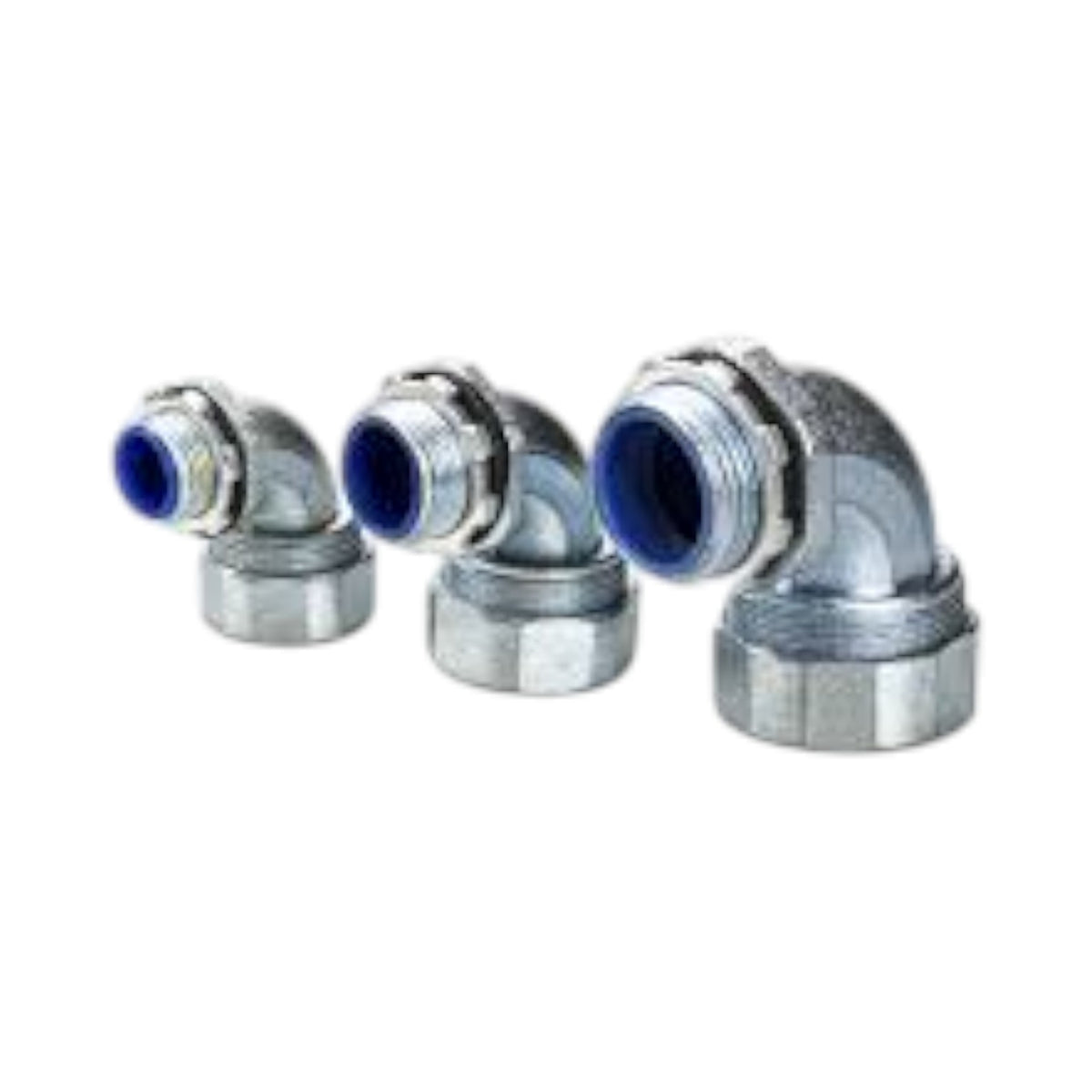 Three galvanized metal elbow pipe couplings with blue inner lining, arranged in a row on a white background.