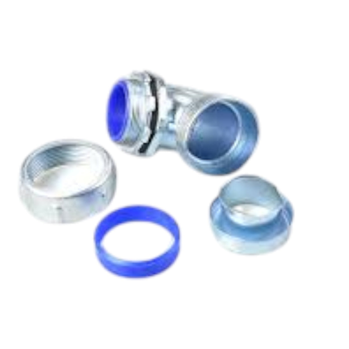 Metallic pipe connector fitting with blue rubber O-rings, shown on a plain white background.