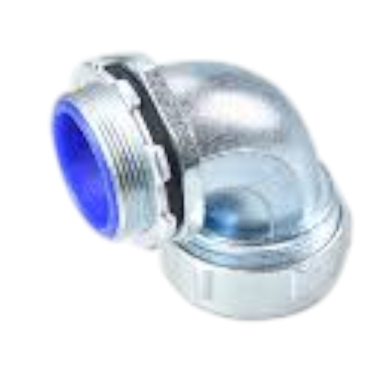 A galvanized steel 90-degree elbow pipe connector with a blue plastic inner lining on one threaded end, shown on a plain white background.