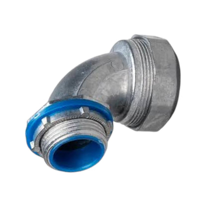 A galvanized metal elbow pipe connector with a blue plastic collar on one end, isolated on a white background.