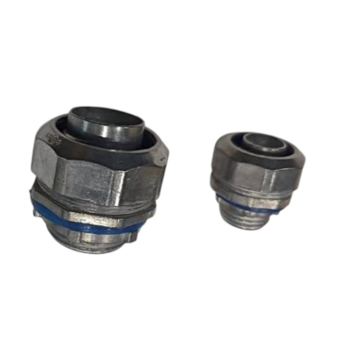 Two metal cable glands or connectors with blue O-rings, shown on a plain white background.