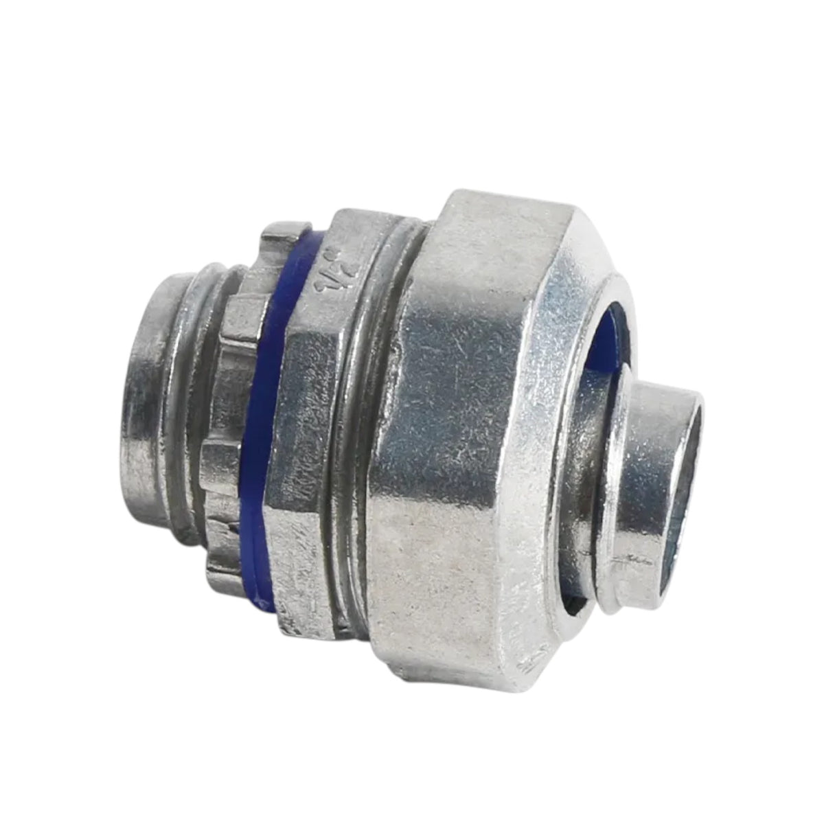 A galvanized metal hose connector fitting with a blue O-ring, shown on a plain white background.